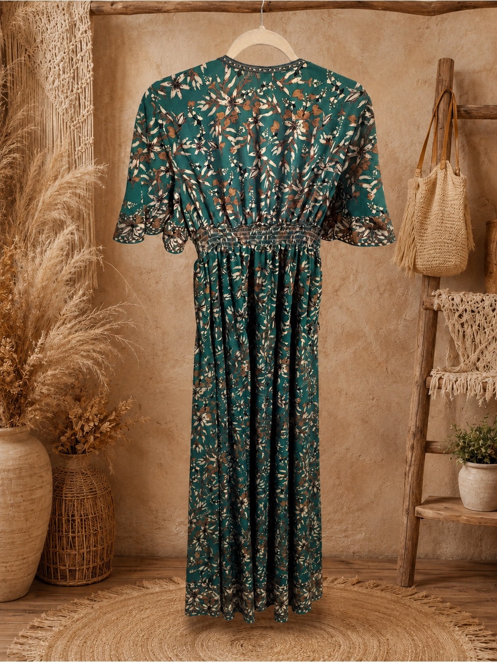 Max Studio 1X Teal Floral Boho Smocked Waist Flutter Maxi Dress - Picture 5 of 10